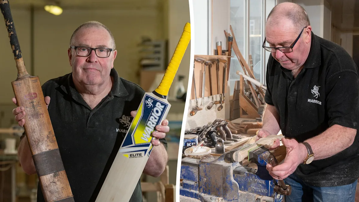 A skilled craftsman carefully shaping a handmade cricket bat, showcasing the attention to detail and traditional techniques used in the craft of cricket bat making, with a focus on the primary keyword of cricket bat maker