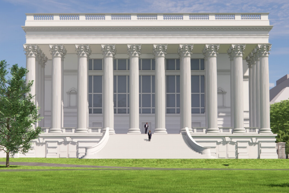Karoline Leavitt speaking at a press conference, with a stern expression, surrounded by reporters and microphones, with a large American flag in the background, as she discusses Trump's ballroom plans and the New York Times experts' criticism