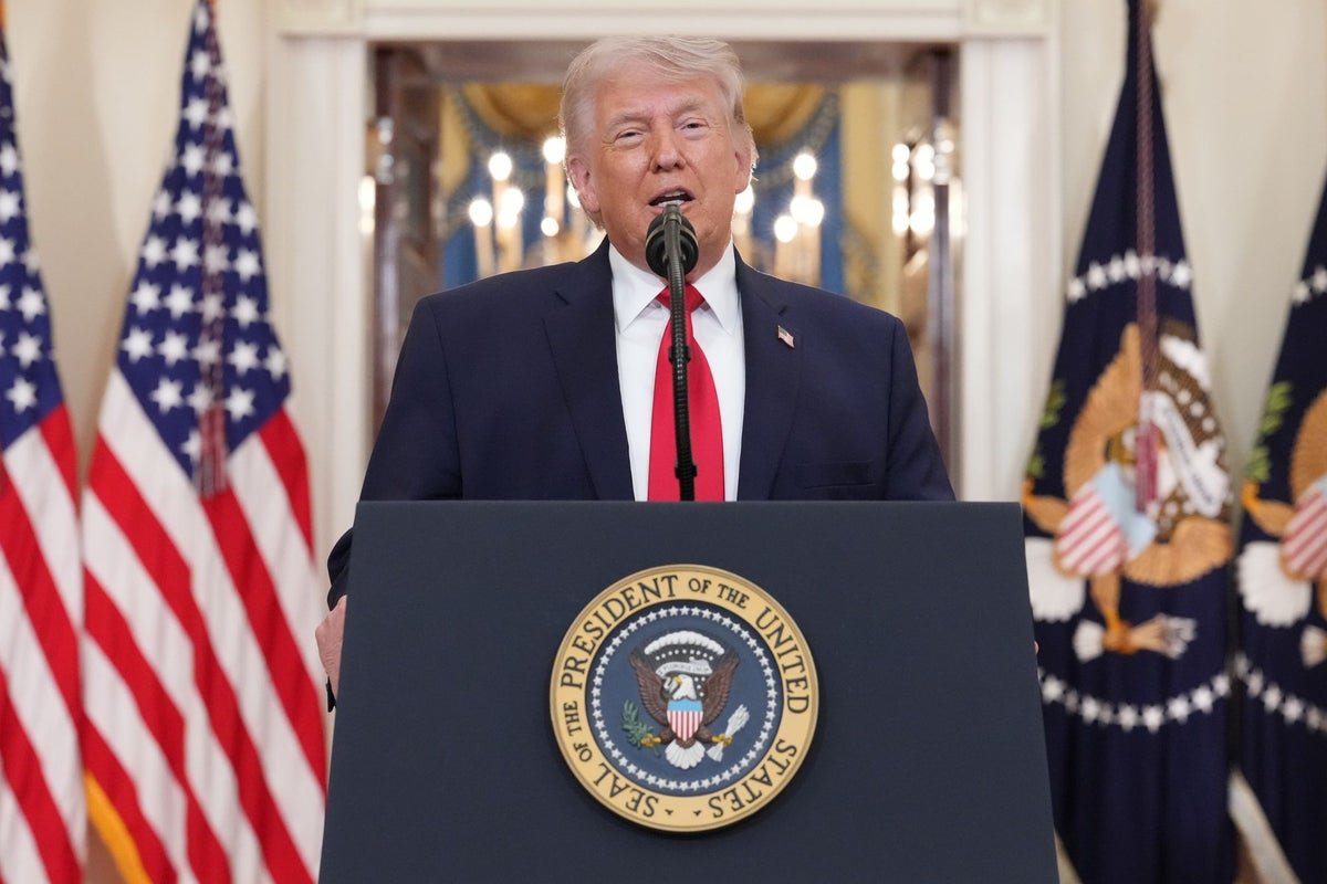 Donald Trump delivering a speech on Iran, with a concerned and critical expression on his face, surrounded by American flags and a backdrop of the Iranian landscape, with a subtle hint of the primary keyword 'Iran conflict' in the description