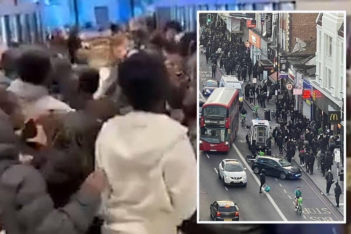 A group of teenagers running riot in Clapham, with a blurred background of police officers and bystanders, highlighting the primary keyword of teenage riots
