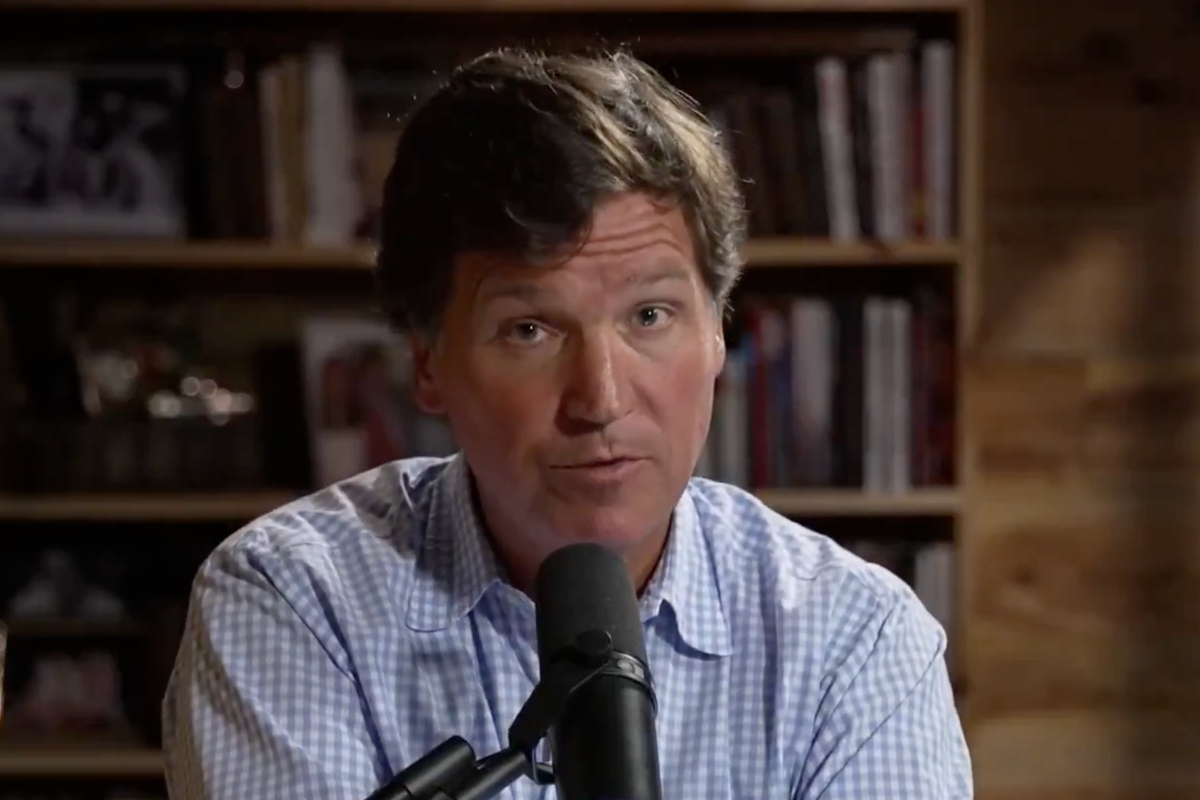 Tucker Carlson and Donald Trump pictured in a split-screen image, with a background of the Iranian flag, symbolising the controversy surrounding Trump's Easter message and its impact on US-Iran relations, highlighting the importance of diplomacy and responsible behaviour in international affairs