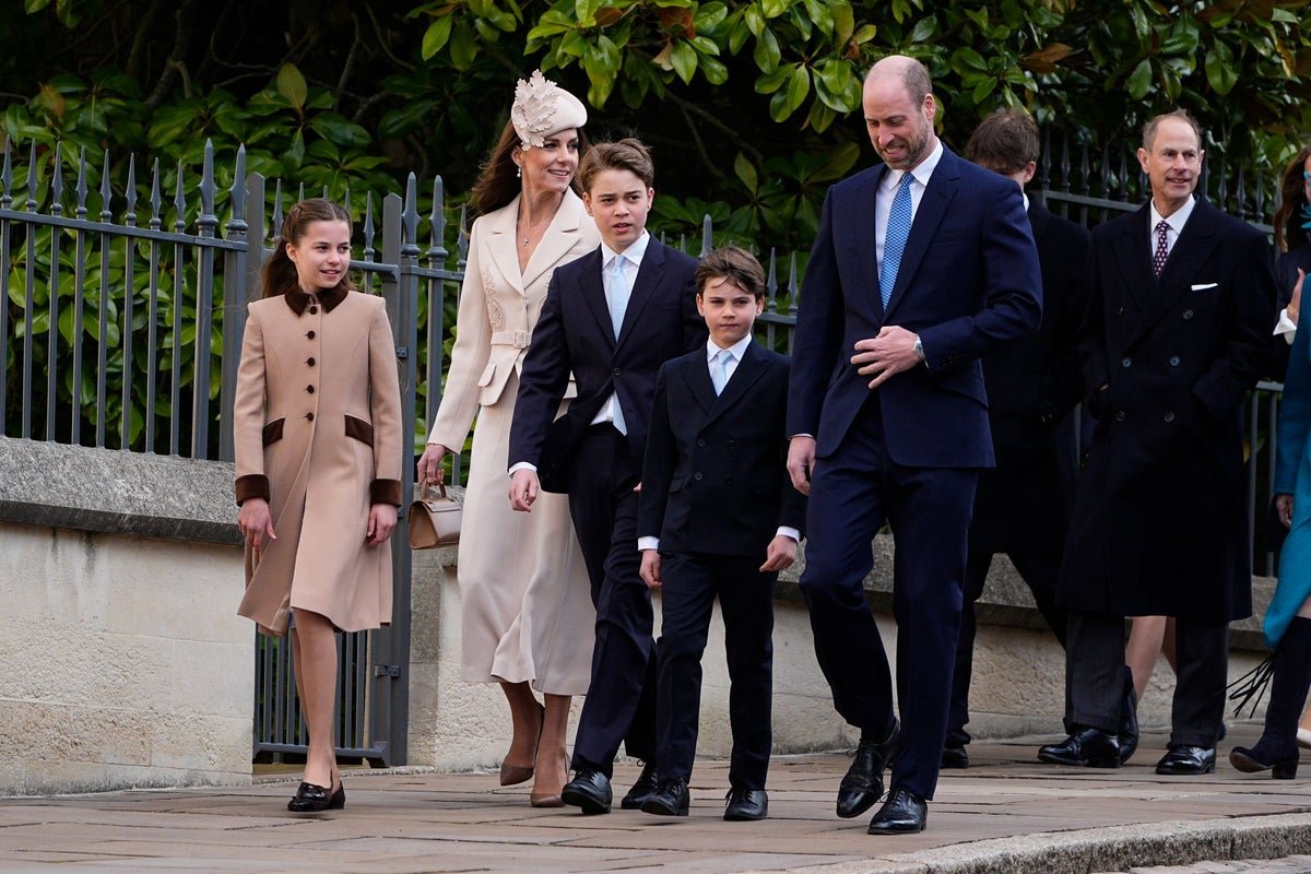 The Royal Family walking together to the Easter Service at Windsor Castle, surrounded by crowds and cameras, with a mix of sombre and colourful attire on display, highlighting their commitment to duty and tradition