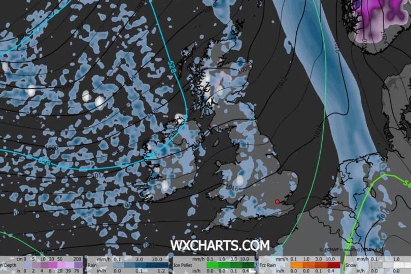 A snowy landscape in the UK, with snow-covered trees and a frozen lake in the background. The scene is set against a grey sky, with the sun hidden behind clouds. The primary keyword, UK weather, is reflected in the image, which shows the beauty and danger of snow in the UK