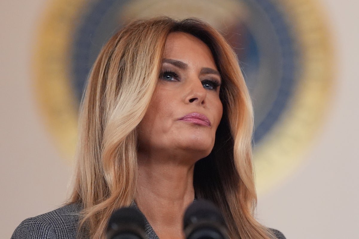 Melania Trump speaking at a public event, with a serious expression, amidst the controversy surrounding Jeffrey Epstein, the disgraced financier and socialite, who was accused of sex trafficking and other crimes, with his death in prison leaving many questions unanswered