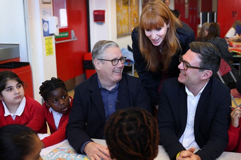 Labour leaders Keir Starmer, Andy Burnham, and Angela Rayner visiting a school in Greater Manchester, discussing education and skills training with pupils and teachers, with a focus on improving the education system and behaviour