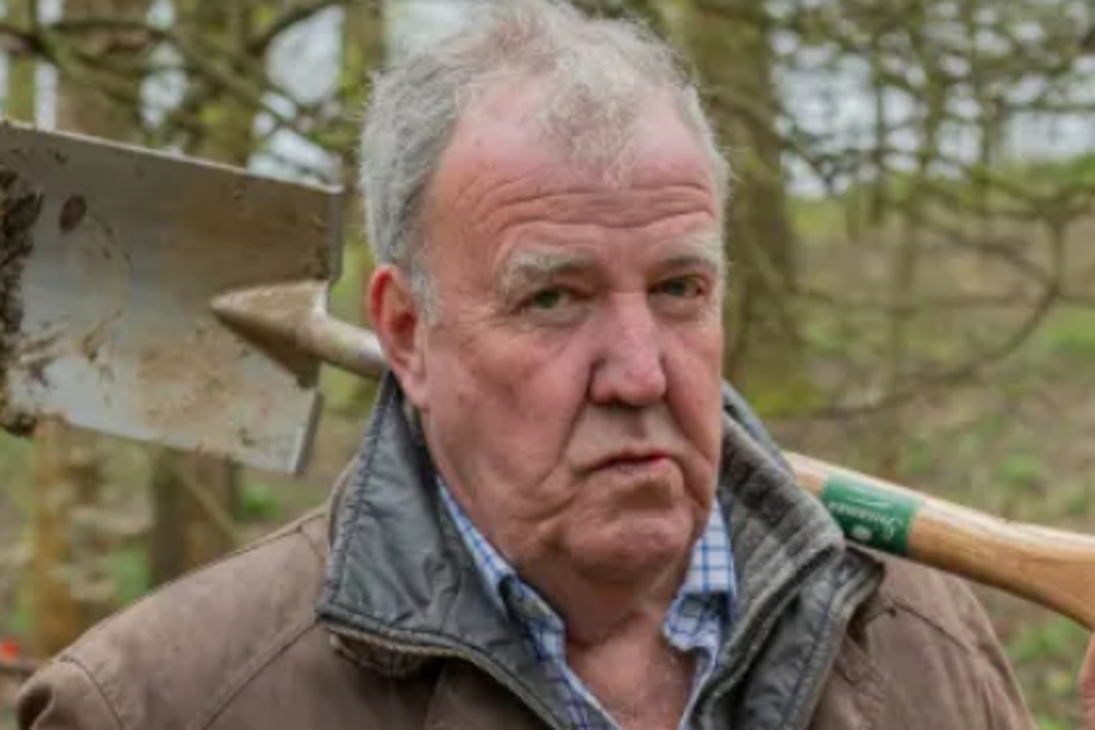 Jeremy Clarkson standing in a field, surrounded by sheep, with a tractor in the background, showcasing his farming skills and the beauty of rural life, which is the primary focus of the show Clarkson's Farm