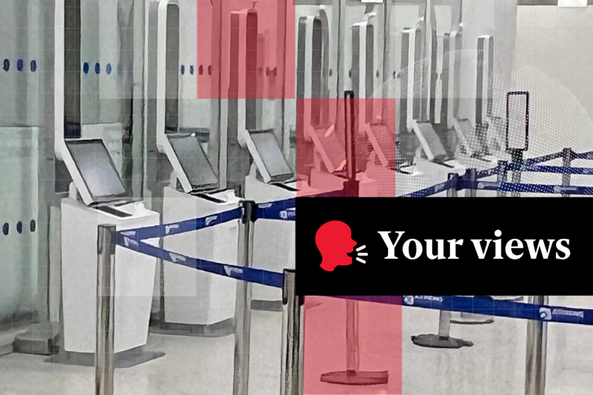 A crowded airport border control area, with people waiting in line to pass through the EU entry-exit system, highlighting the need for a more efficient process