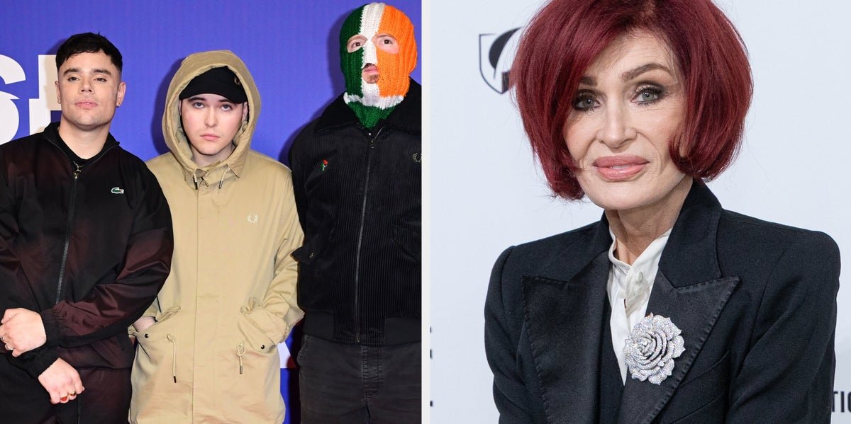 A crowd of people gathered for a march, with a prominent figure in the centre, highlighting the controversy surrounding the Tommy Robinson march and Kneecap's opposition to Sharon Osbourne's attendance, with a focus on the potential consequences of such events