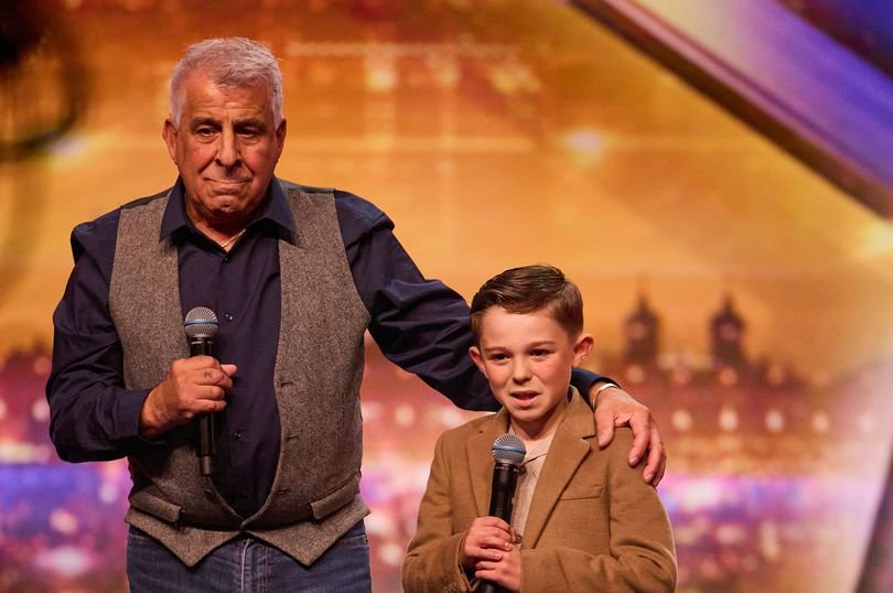 A heartwarming image of a grandad and grandson performing a duet on Britain's Got Talent, with a beautiful backdrop and a loving audience, showcasing the importance of family and music in their lives, with a focus on Britain's Got Talent