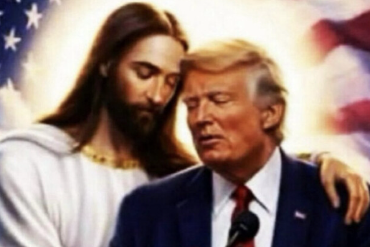 Donald Trump posting a picture of Jesus hugging him on social media, sparking controversy and debate about his behaviour and motives, with a mix of praise and condemnation from users, as the primary keyword Trump is used naturally in this descriptive alt text