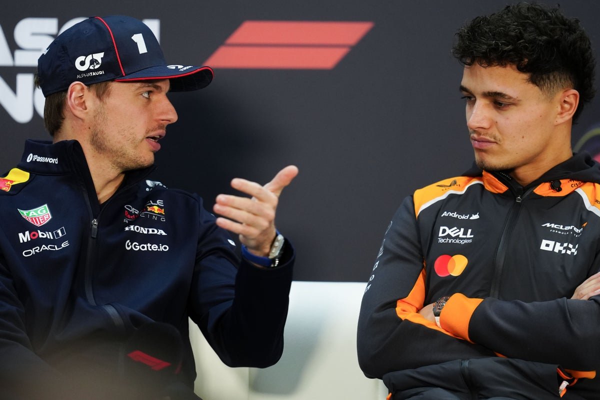 Max Verstappen racing in Formula 1, with Lando Norris in the background, showcasing their intense rivalry and the excitement of the sport, with a focus on the colour and thrill of F1 racing