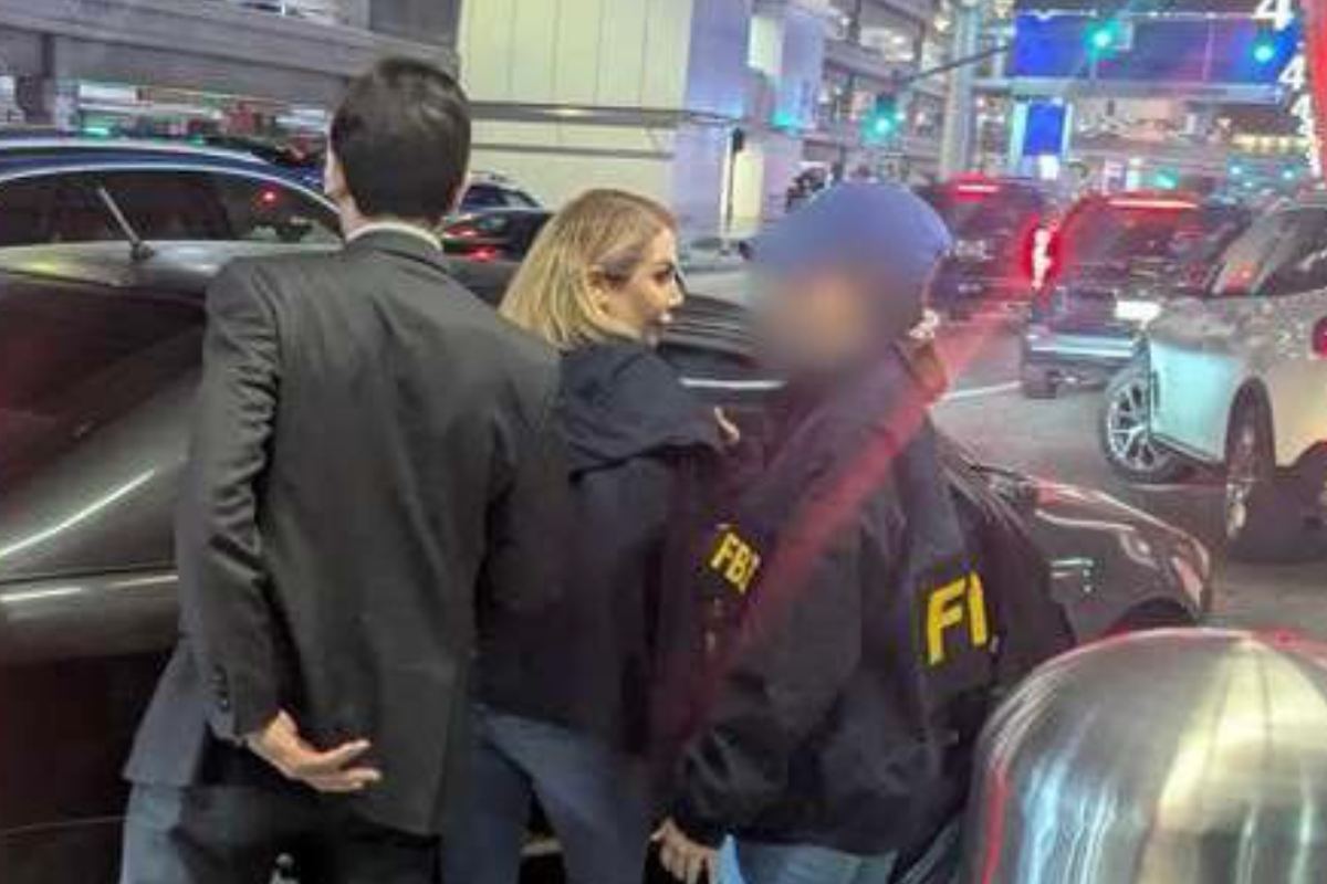 Iranian businesswoman in handcuffs being led away by authorities at LAX airport, with a focus on arms dealing and national security
