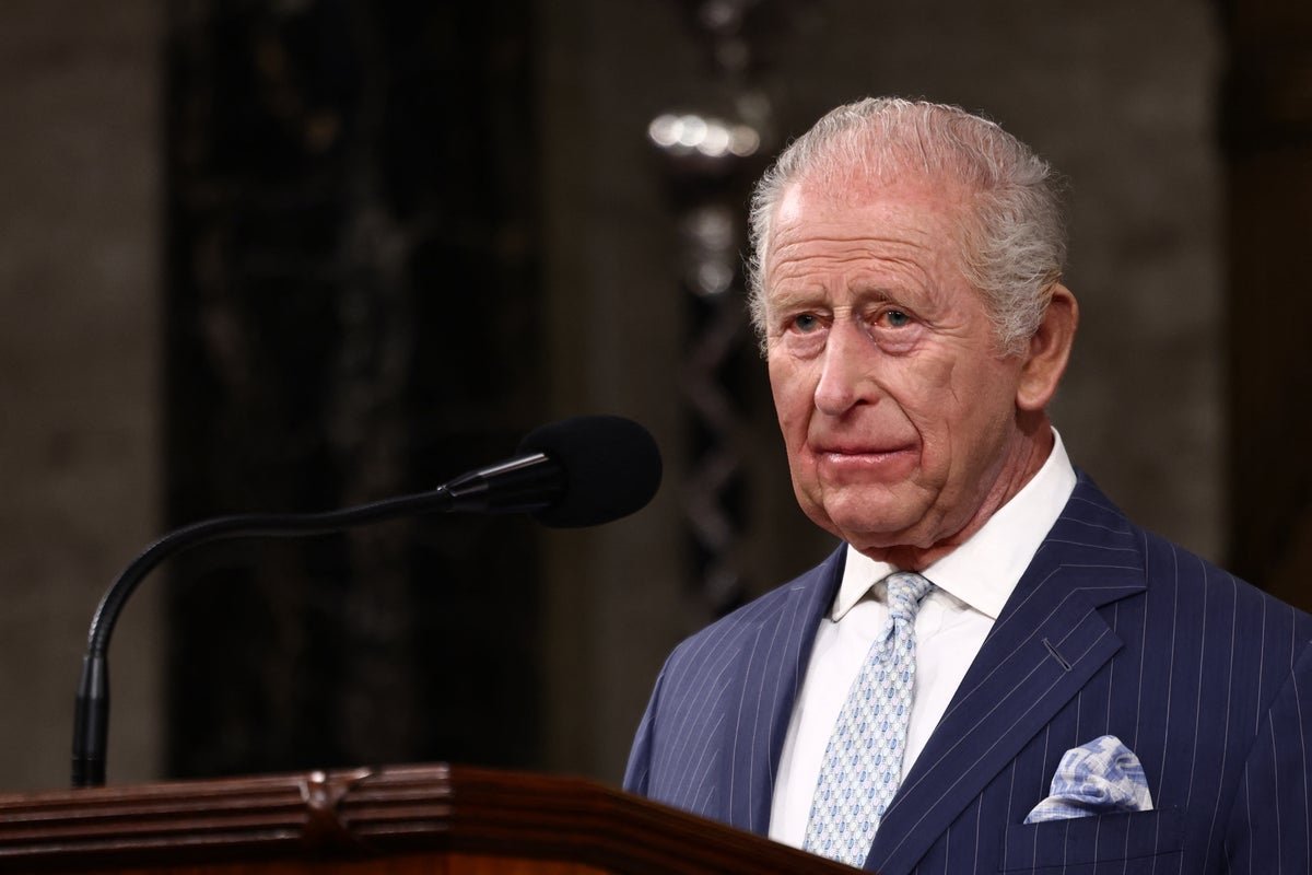 King Charles addressing the US Congress, with a focus on the importance of checks and balances in democratic governance, ensuring a balance of power and accountability in leadership