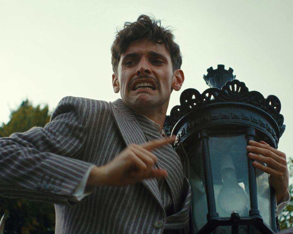 A body is found in a surrealist period drama, with a mysterious and intriguing atmosphere, full of suspense and colour, set in a bygone era with intricate details and complex characters, showcasing surrealist period drama