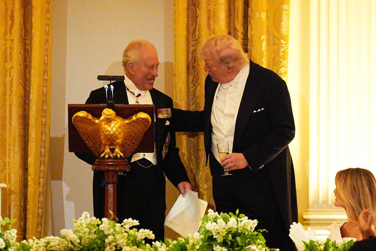 President Trump and King Charles in a diplomatic meeting, with a nuclear power plant in the background, highlighting the complex and sensitive nature of the claim, with the UK and Iran's relationship under scrutiny