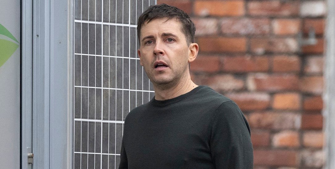 Todd Grimshaw, a character in Coronation Street, faces new trauma after the Theo ordeal, a dramatic and intense storyline that explores the character's behaviour and emotional struggles, with a colour palette that conveys the mood and atmosphere of the scenes