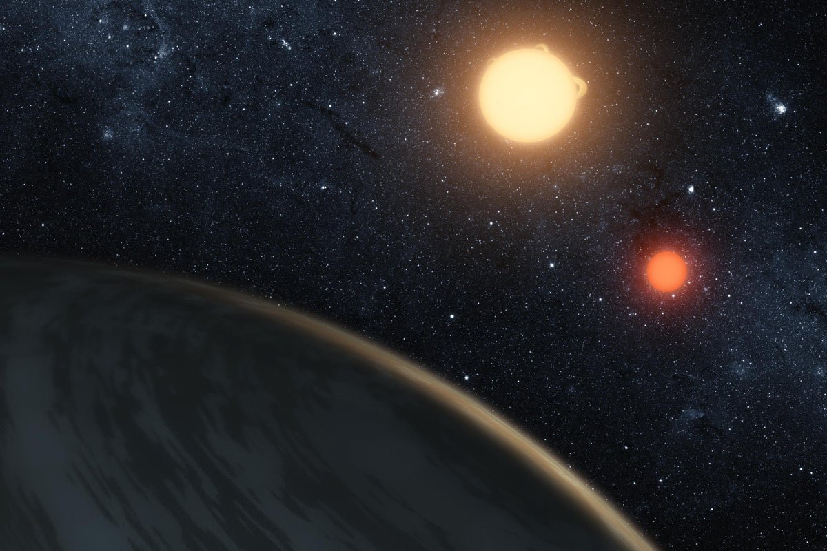 A desert planet with twin suns, resembling Tatooine from the Star Wars franchise, with a stunning landscape and potential for life, discovered in a recent space survey