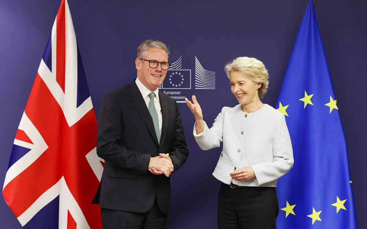 A photo of the EU and UK flags together, symbolising the complex relationship between the two, with a focus on EU rules and Labour plans