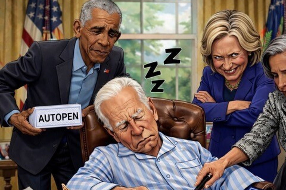 A colourful and satirical depiction of US Presidents Biden, Obama, and Clinton, surrounded by autopen, ice cream, and cocaine, with a bold and eye-catching background, featuring Trump's signature style and a hint of controversy, highlighting the primary keyword of AI meme
