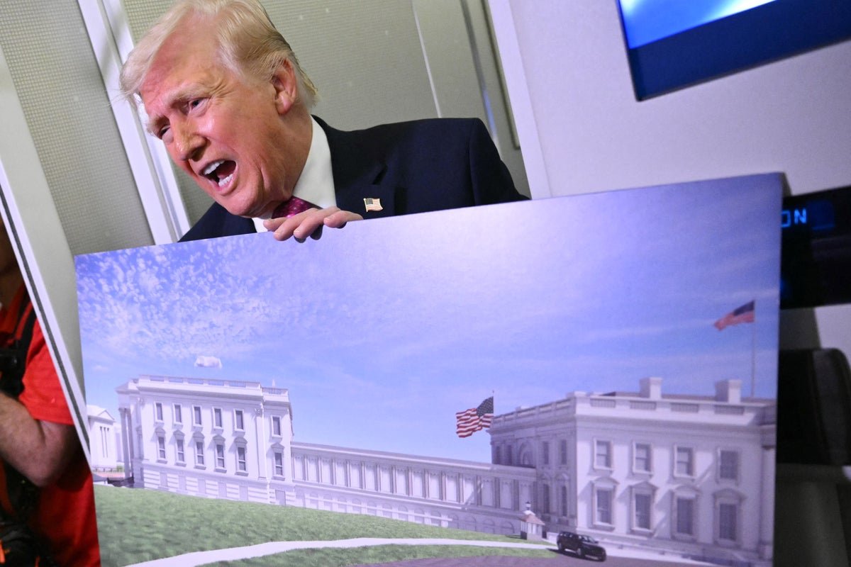 Donald Trump listening to construction updates on his ballroom, a unique relaxation technique that showcases his interesting behaviour and approach to wellbeing, with a focus on construction and development
