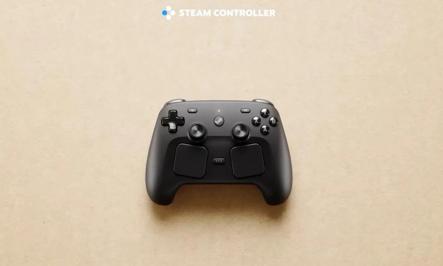 The Steam Controller 2026, a sleek and advanced gaming controller with dual-trackpads and HD haptic feedback, available now in the UK