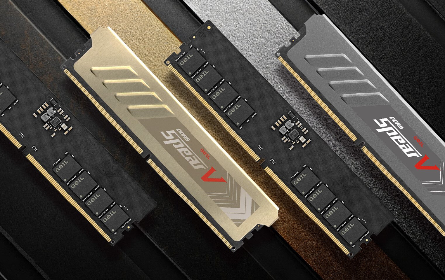 GeIL Spear V DDR5 memory module, featuring advanced overclocking capabilities and high-speed performance, with a UK focus on innovative memory technology