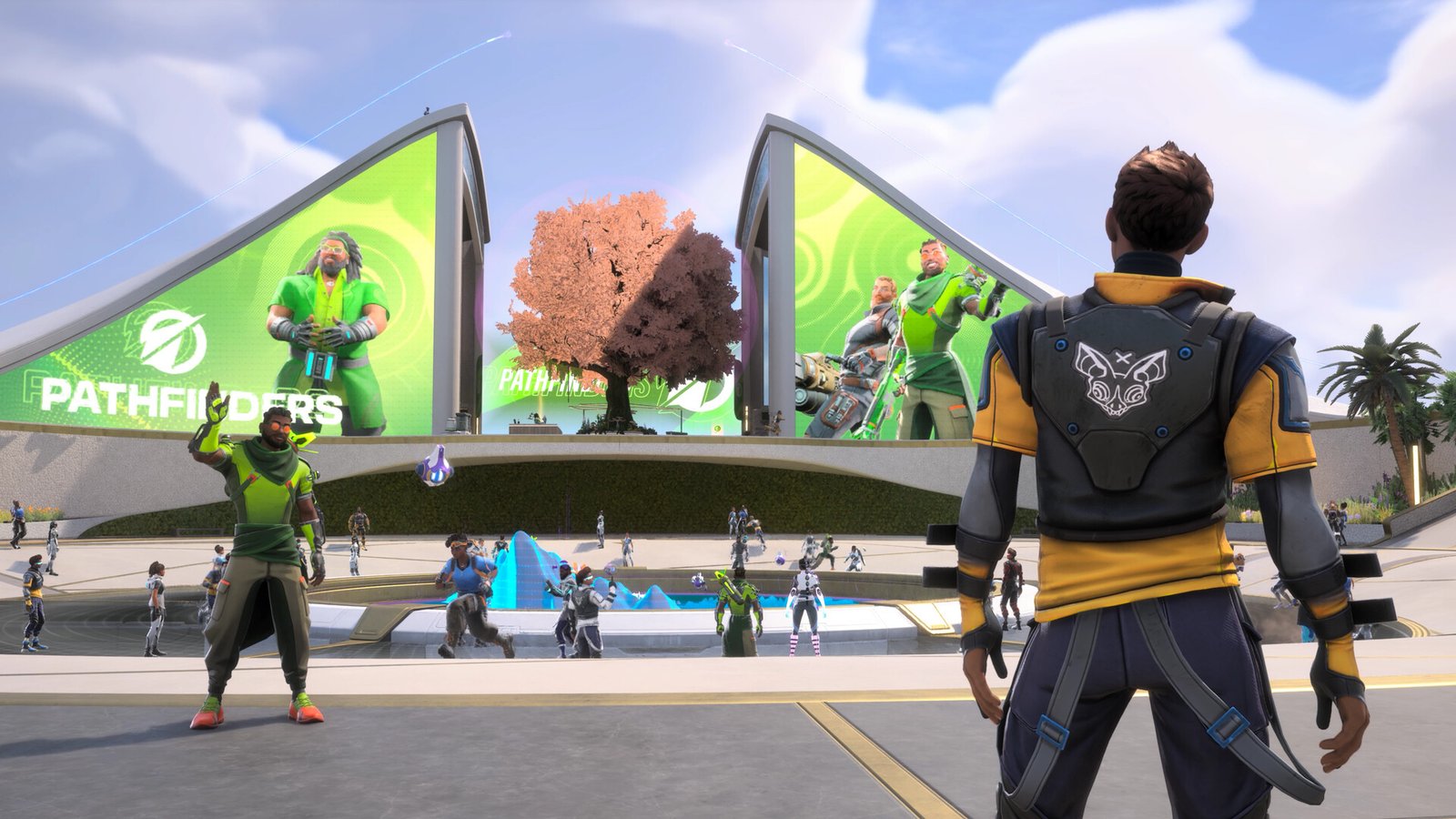 A group of gamers playing a free-to-play shooter game in the UK, with a large screen displaying the game's logo and a cityscape in the background, symbolising the growth of the UK gaming industry and the excitement surrounding Project Ethos