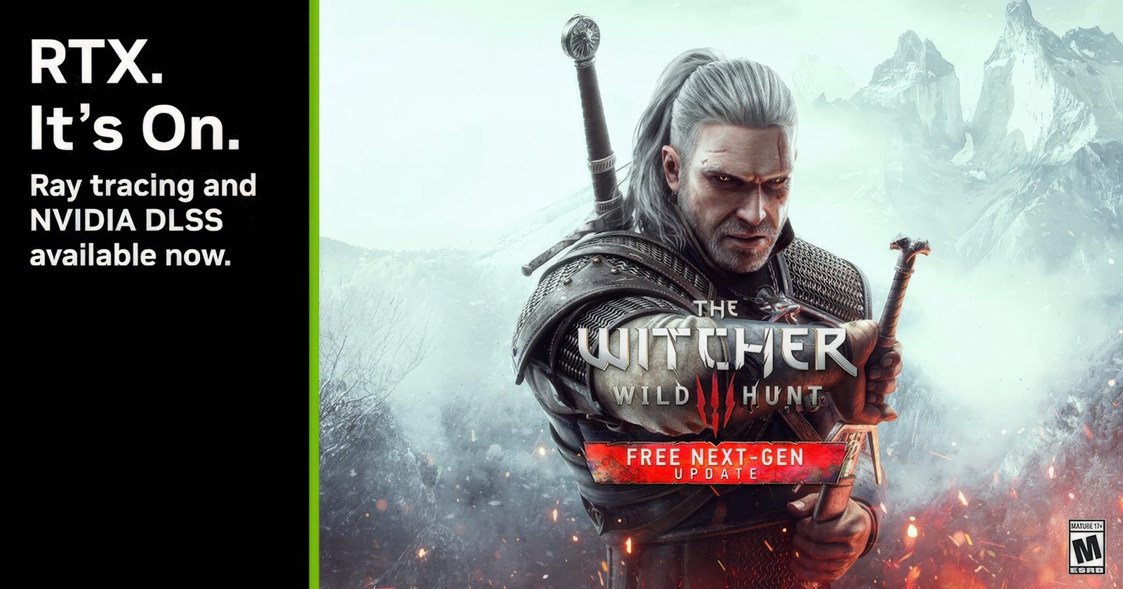 The Witcher 3: Wild Hunt gameplay screenshot with improved graphics and frame rates, thanks to the unofficial DLSS 4.5 mod, showing the game's colourful and detailed world, with Geralt of Rivia in action, set against a backdrop of rolling hills and towering mountains, in the UK gaming scene
