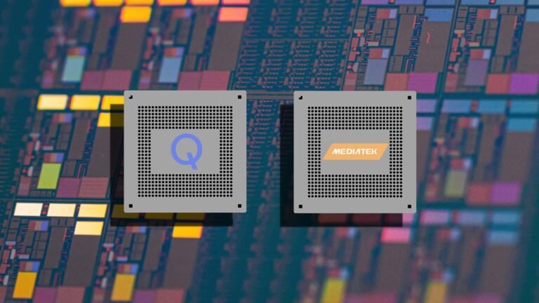 A close-up of a smartphone chipset, with the Qualcomm and MediaTek logos in the background, highlighting the UK smartphone market's shift towards advanced 2nm chipsets