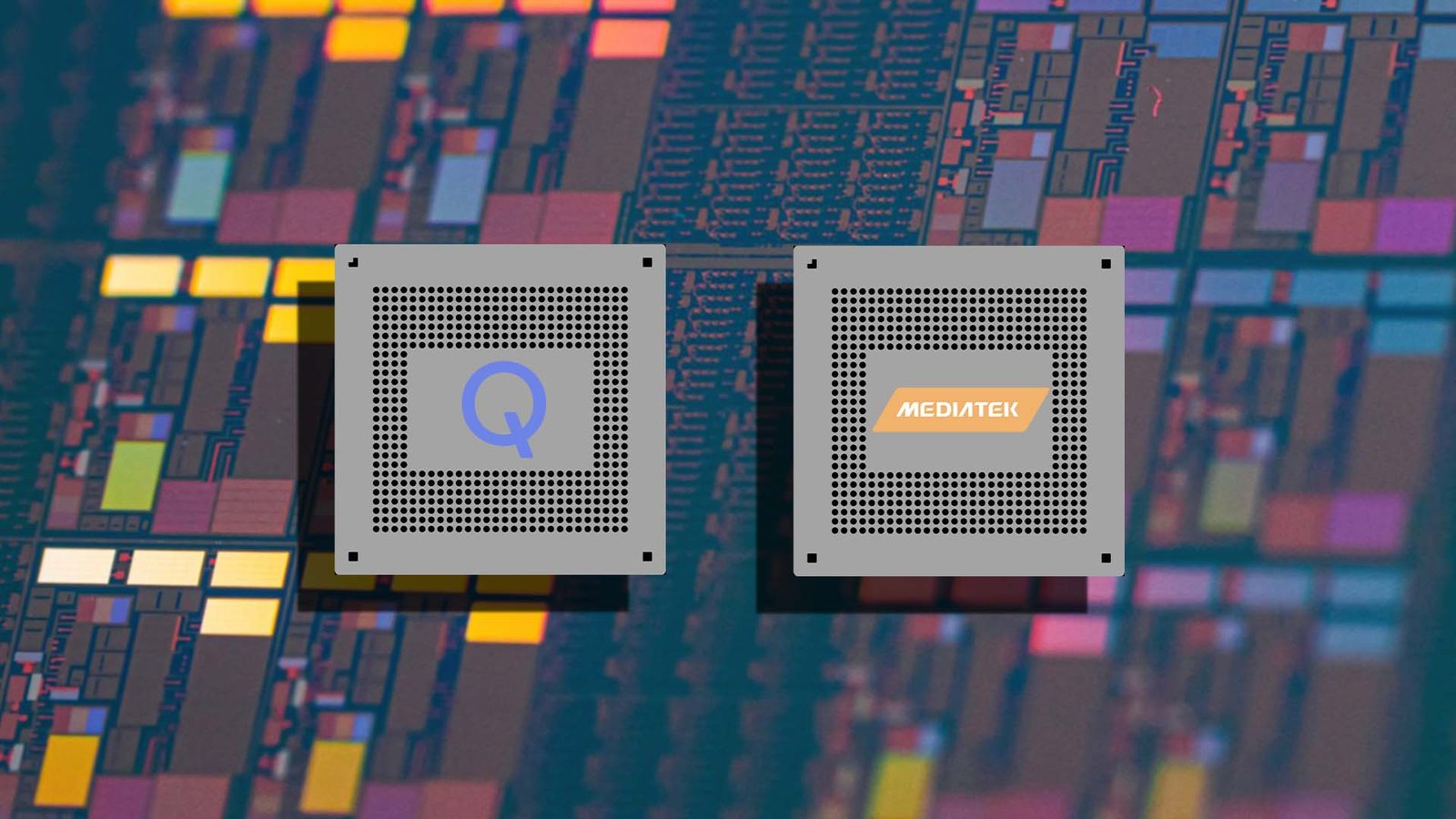 A close-up of a smartphone chipset, with the Qualcomm and MediaTek logos in the background, highlighting the UK smartphone market's shift towards advanced 2nm chipsets