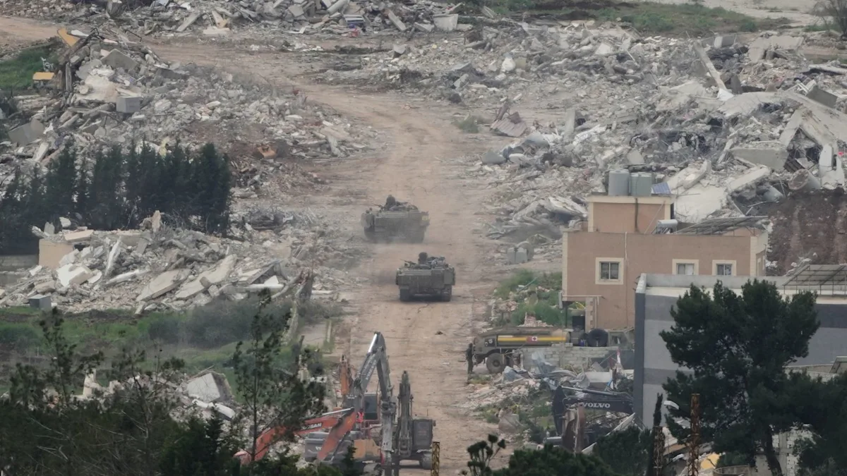 A photograph of Israeli military forces in action, with a subtle hint of the Lebanese landscape in the background, highlighting the complex situation and the primary keyword of 'Lebanon conflict'