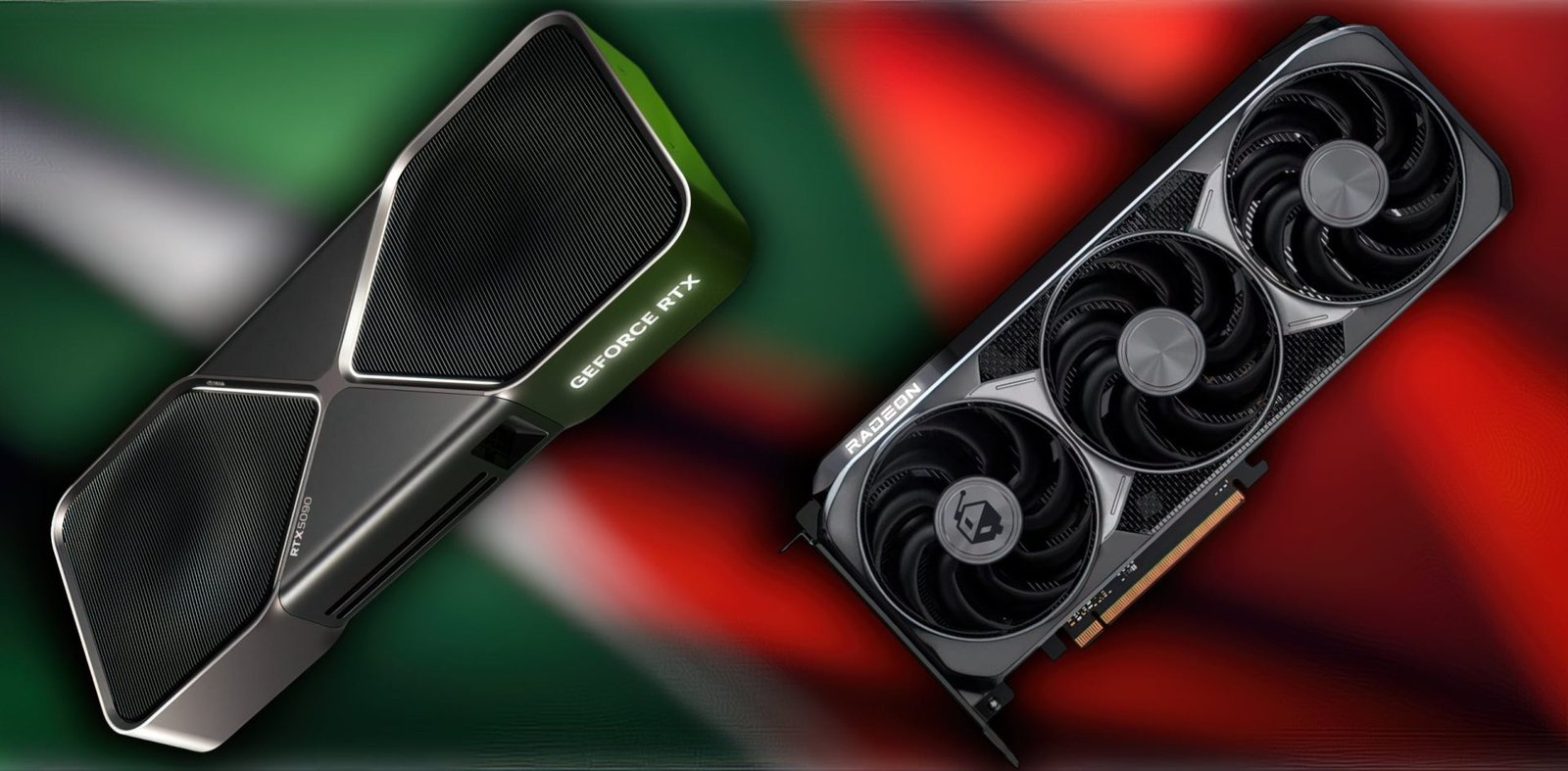 A graphic illustrating the decline in GPU prices in the UK, with a background colour that reflects the positive trend in the hardware market, including a natural reference to GPU prices