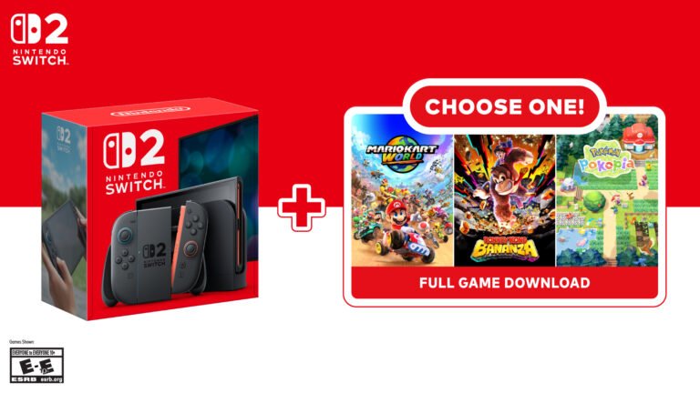 The Nintendo Switch 2 console and three first-party games, including The Legend of Zelda and Mario Kart, on a table with a UK flag in the background, showcasing the console's colour and design