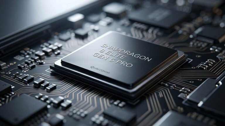 A close-up of the Snapdragon 8 Elite Gen 6 Pro chipset, with a background of circuit boards and microchips, highlighting the 2nm process and Qualcomm's logo, in the UK