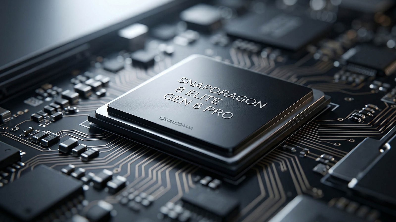 A close-up of the Snapdragon 8 Elite Gen 6 Pro chipset, with a background of circuit boards and microchips, highlighting the 2nm process and Qualcomm's logo, in the UK
