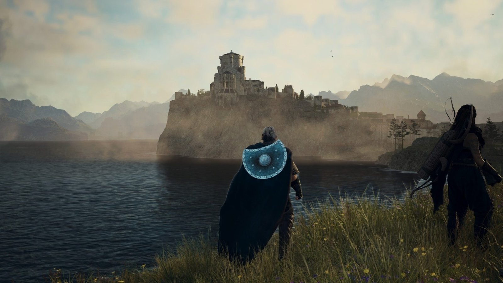 A group of UK gamers playing Dragon's Dogma 2 on their consoles, with a cityscape in the background, showcasing the game's unique blend of action and adventure, with a focus on the series' long-term growth and development in the UK gaming market
