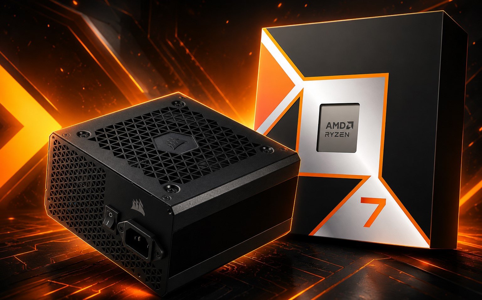The AMD Ryzen 7 9800X3D processor and Corsair CX750M power supply, offering unparalleled gaming performance and value in the UK, with a free power supply worth £64