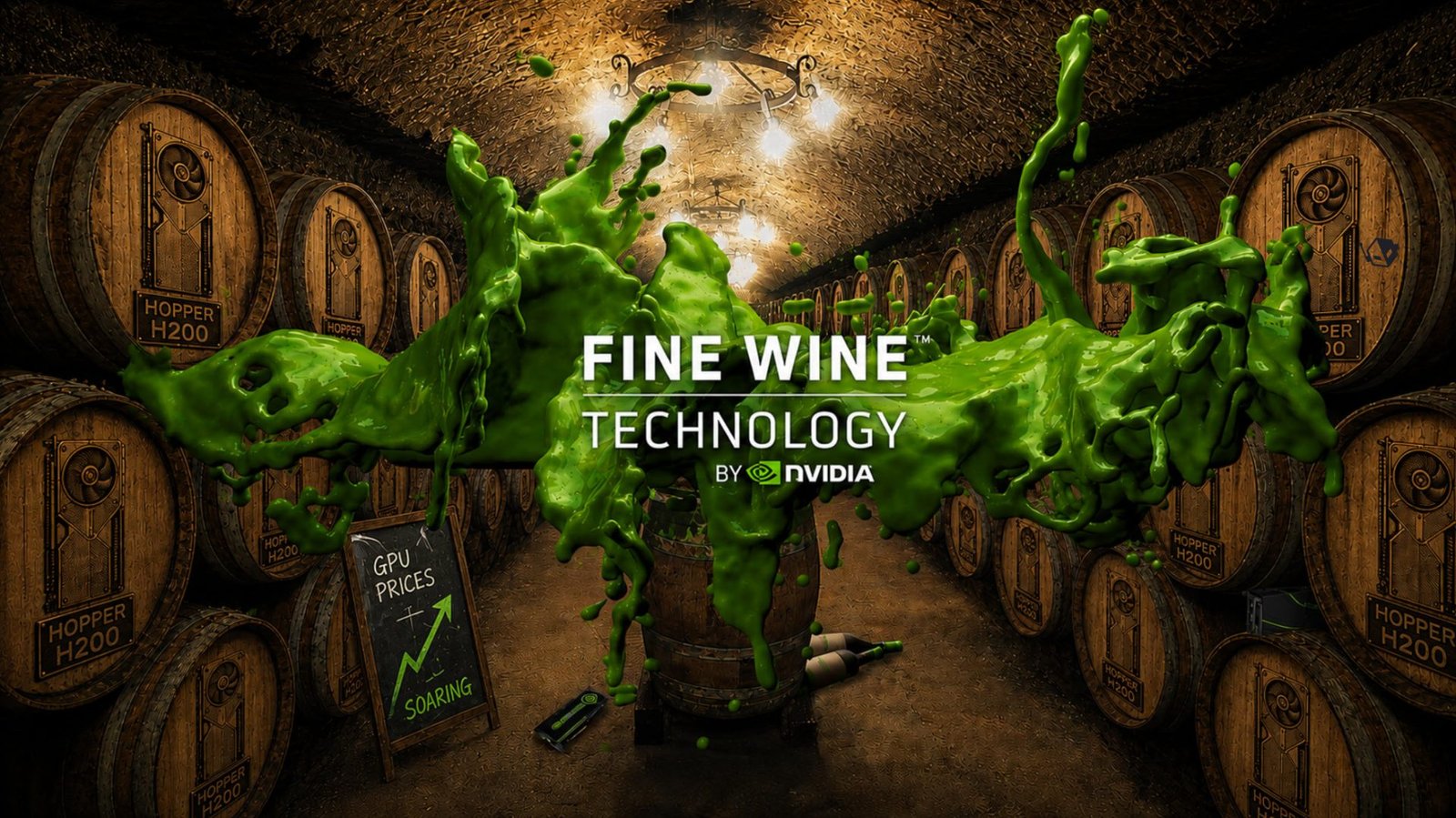 A close-up of a NVIDIA GPU with a glass of fine wine in the background, symbolizing the increased value and demand for these chips in the UK market