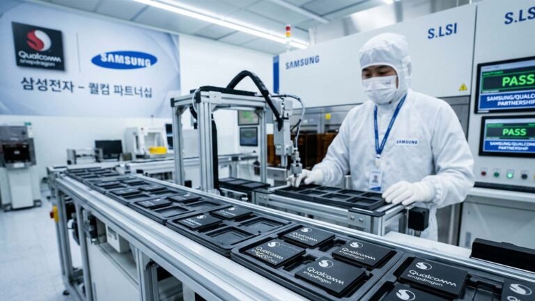 Samsung workers on strike in the UK, holding signs and protesting against poor working conditions and low wages, as the company faces a dilemma in its labour practices