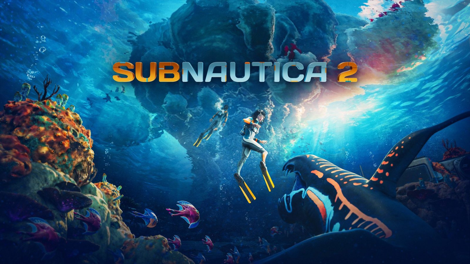 Subnautica 2 featured image, showcasing the game's vibrant underwater landscape, complete with colourful marine life and intricate coral formations, set against the backdrop of a stunning oceanic sunset, with the primary keyword Subnautica 2 naturally included