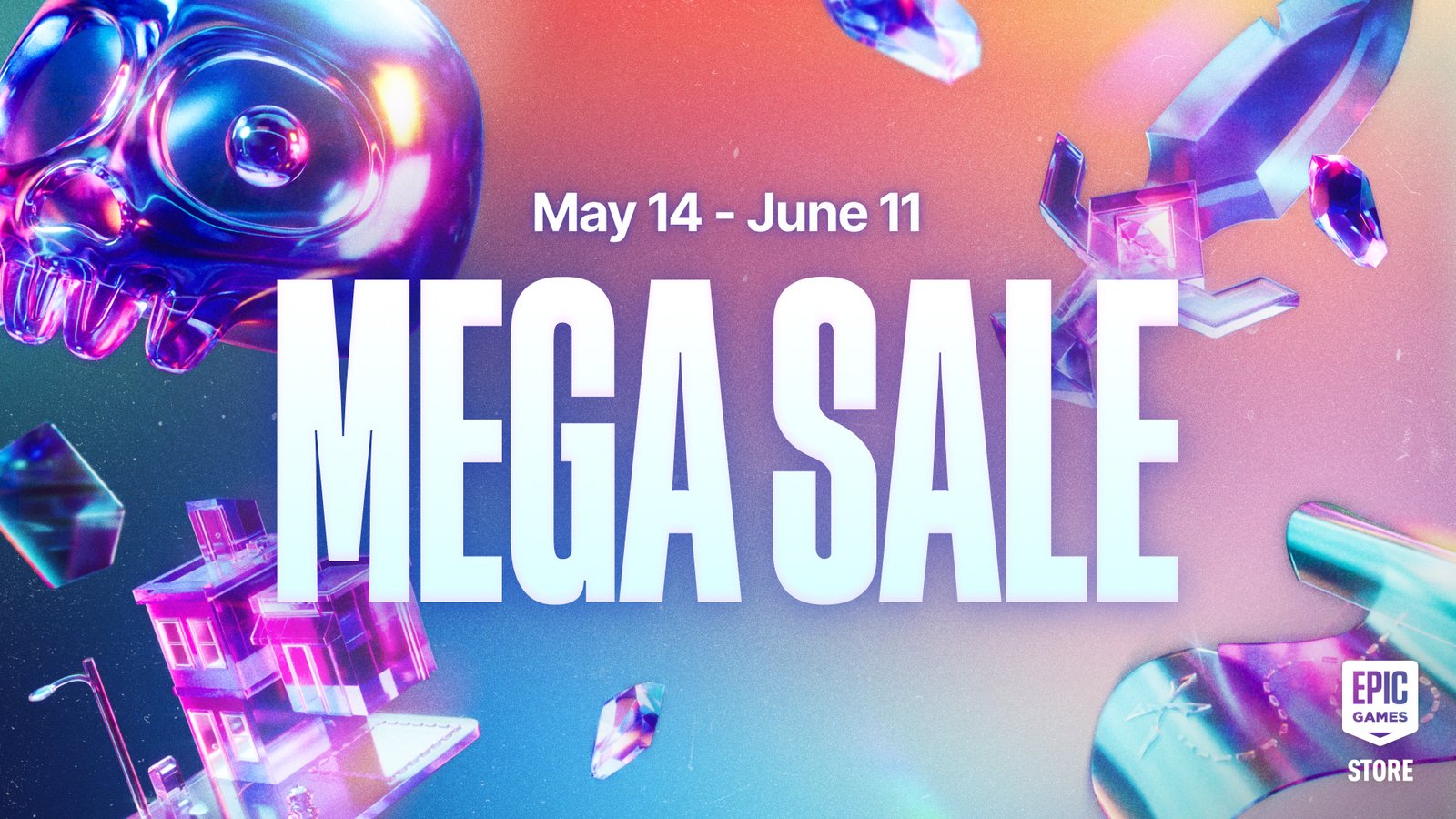 The Epic Games Store logo with a banner reading MEGA Sale, featuring images of Cyberpunk 2077, GTA V, and other popular games in the background. The image showcases the variety of games available during the sale, with a red banner highlighting the discounts and a call-to-action to visit the store.