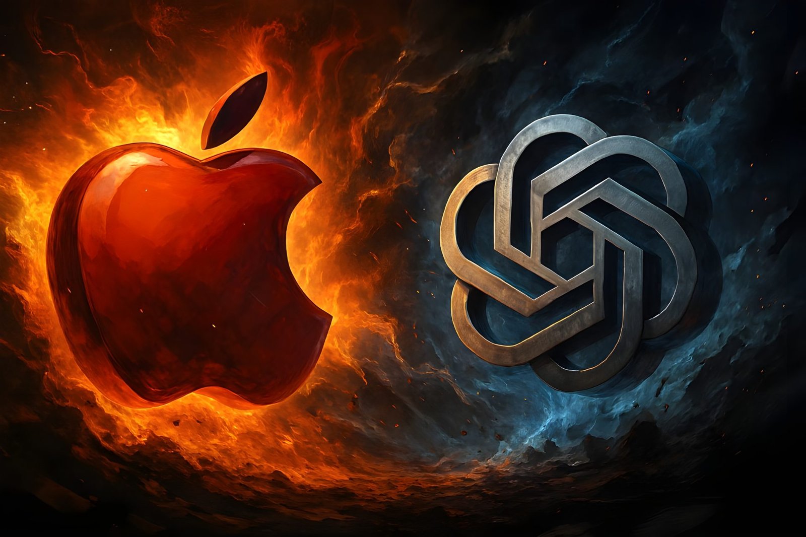 A descriptive image of the OpenAI and Apple logos, set against a backdrop of the UK's vibrant tech scene, with a focus on the integration of ChatGPT within the iPhone, highlighting the innovative spirit and cutting-edge developments of the UK's tech industry