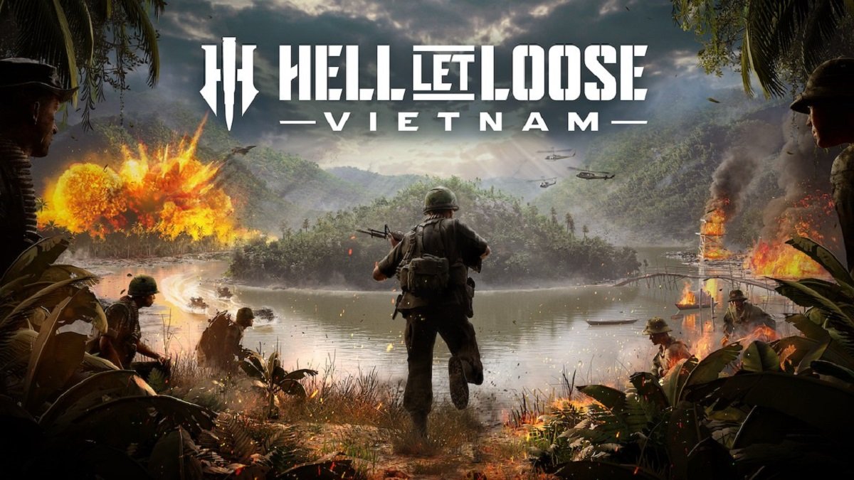 Hell Let Loose: Vietnam gameplay trailer screenshot showing 50v50 jungle warfare with soldiers fighting in the dense jungle, with the UK gaming community eagerly anticipating the release, set in the heart of Vietnam's tropical jungle with realistic terrain and weather effects