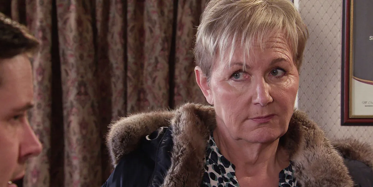 Eileen's shocked expression as she reacts to Todd's ordeal in the latest Coronation Street episode on ITVX, a popular UK soap