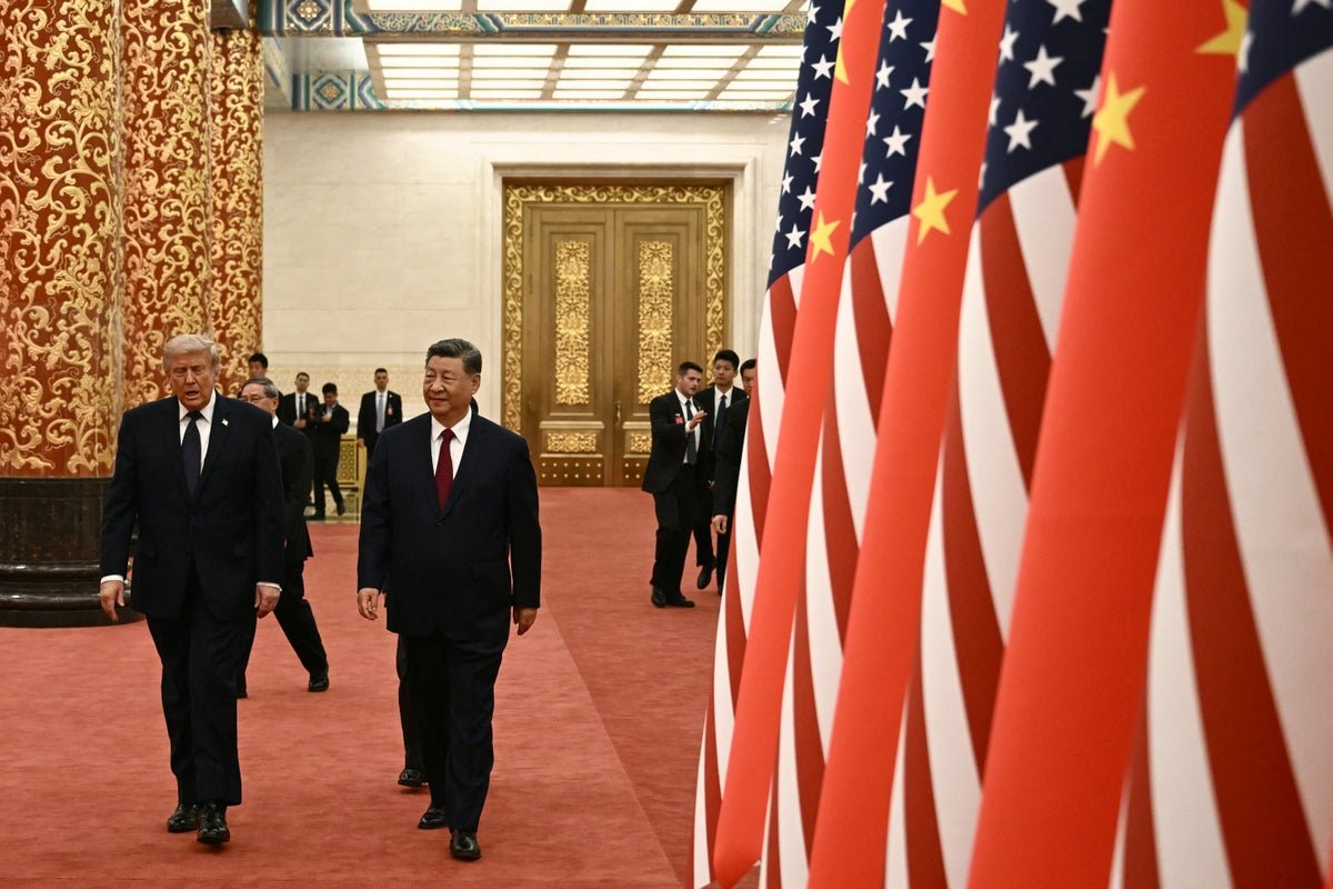 A luxurious ballroom with intricate details and a grand colour scheme, reminiscent of those found in China, with Donald Trump's Truth Social post in the foreground, highlighting his demand for a similar ballroom in the US