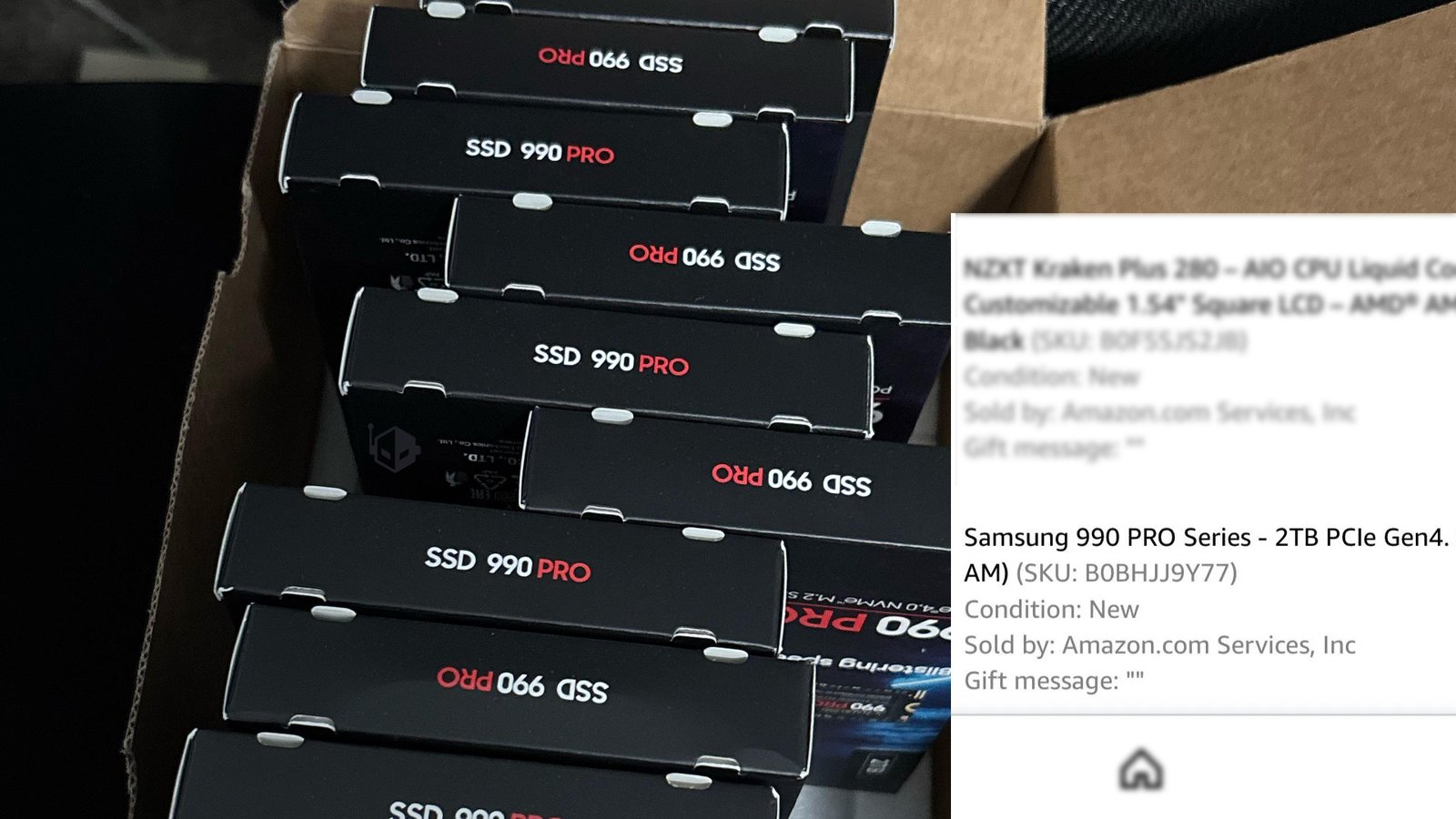 A photo of the 10 Samsung 990 PRO SSDs received by the Redditor, with a surprised expression, the SSDs are laid out on a table with the Amazon packaging in the background, the image captures the unexpected windfall, the primary keyword is Samsung 990 PRO SSD
