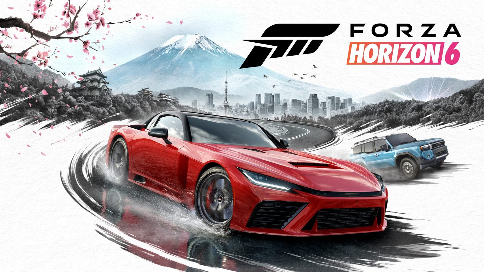 Forza Horizon 6 featured image, showcasing a sleek car racing through a vibrant, colourful landscape, with a stunning mountain range in the background, set against a clear blue sky with a few fluffy white clouds, with the words Forza Horizon 6 and UK gaming community emblazoned across the top