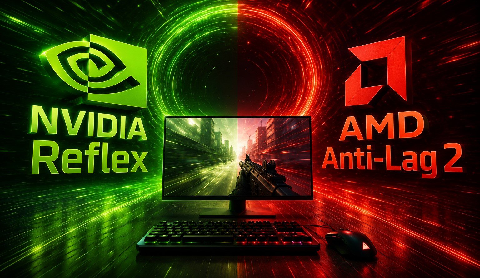 A UK gamer playing a fast-paced game on a Linux system with reduced latency, thanks to NVIDIA Reflex 2 on an AMD graphics card, with a blurred background and a focus on the screen