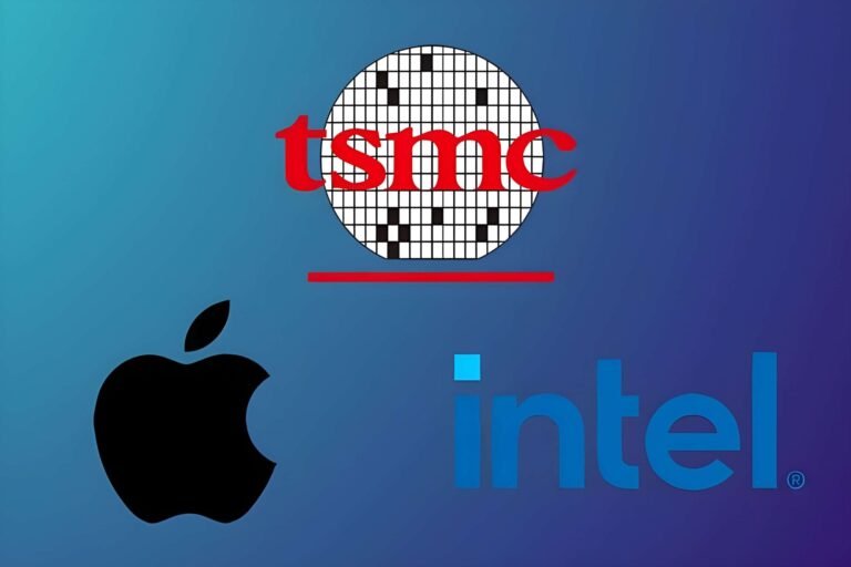 A close-up of a semiconductor chip, with the TSMC logo in the background, representing the company's dominance in the chip fabrication market in the UK
