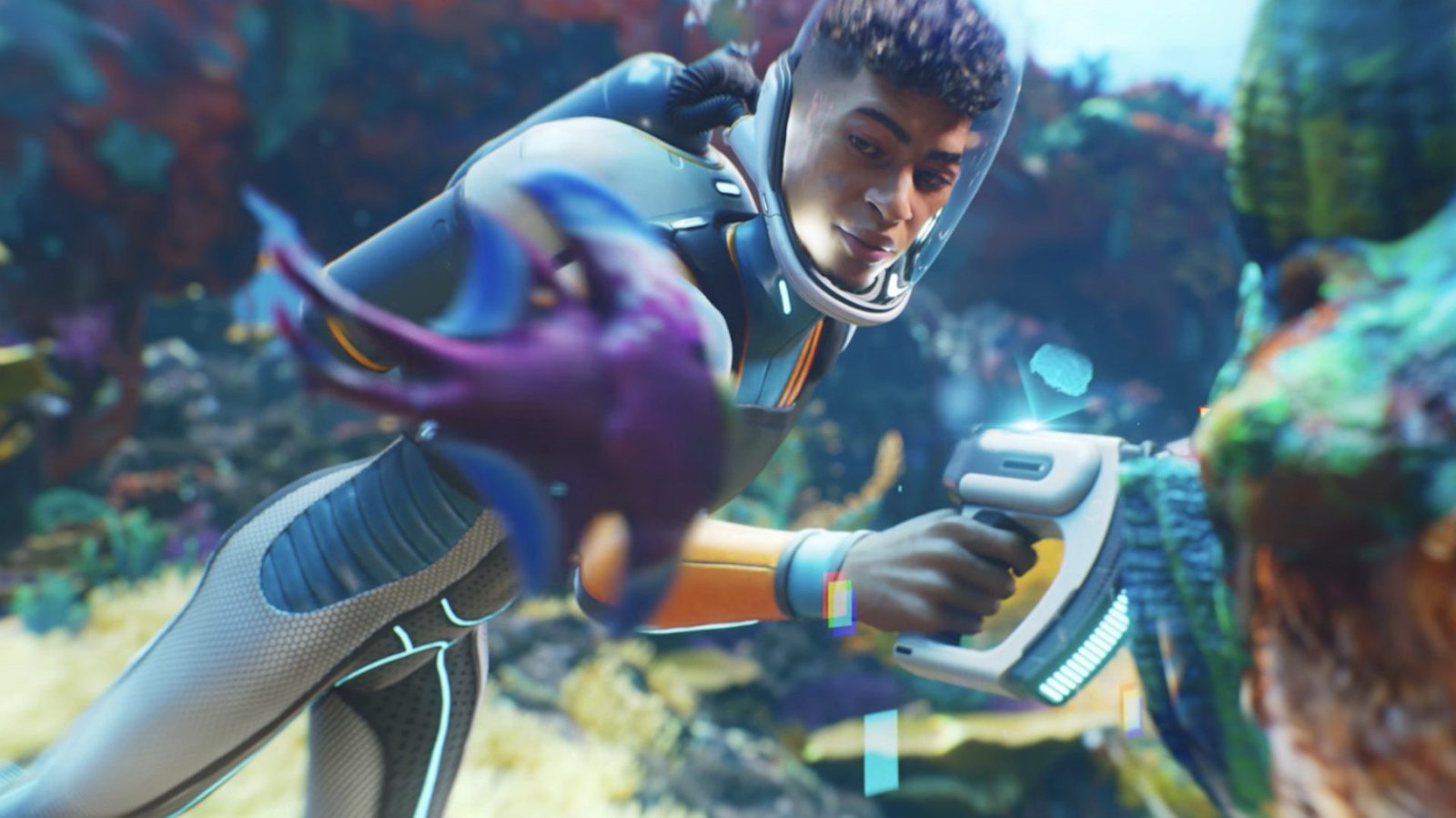 A Subnautica 2 gamer exploring the ocean floor, with a glimpse of silver deposits in the distance, set against the stunning backdrop of an alien landscape, with vibrant colours and unusual rock formations, highlighting the primary keyword of silver